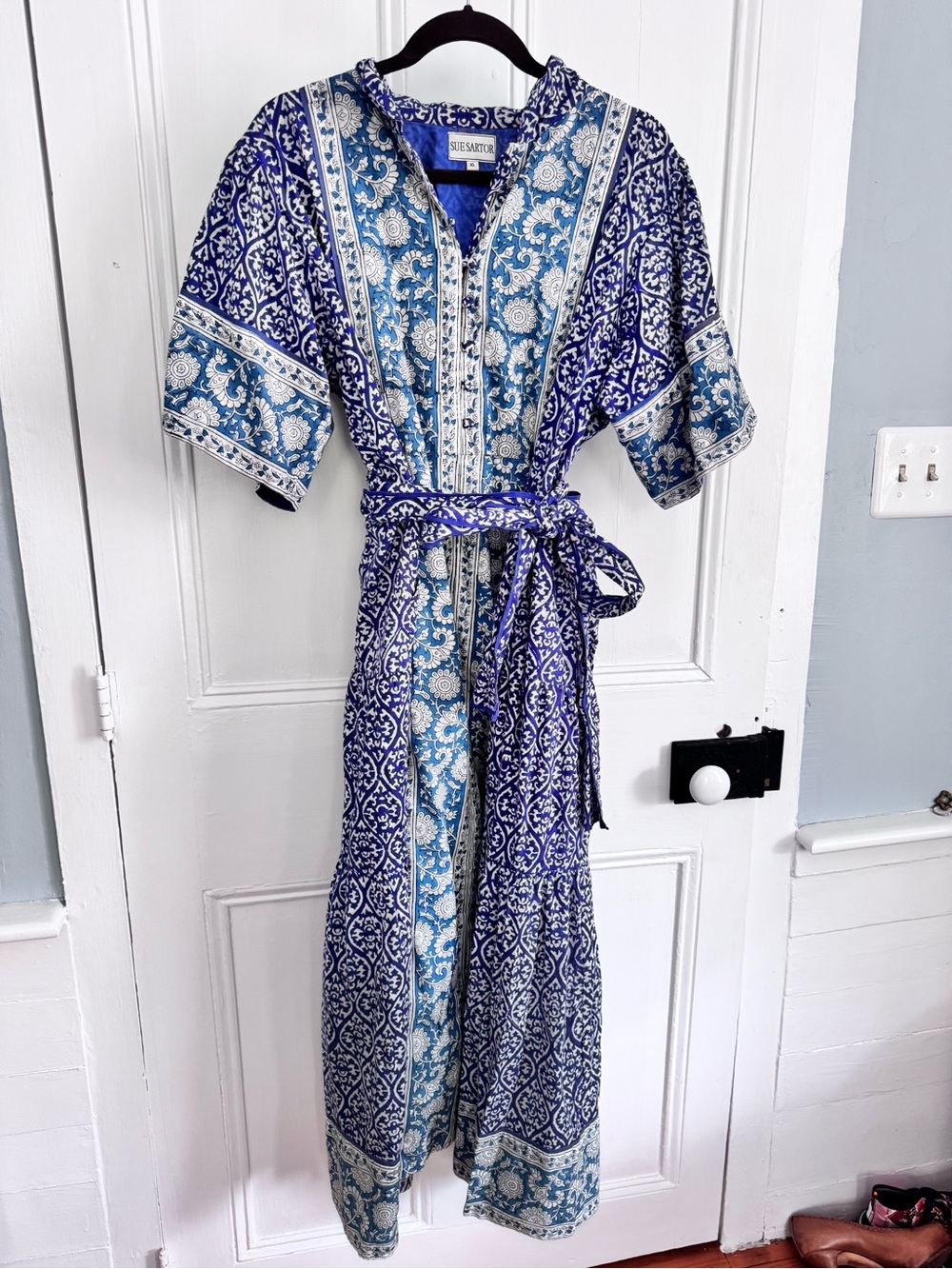 Sue Sartor flounce blue white French maxi dress EUC. Size XL $499 retail